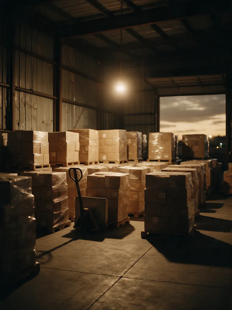 Pallets of cartons on a warehouse loading dock at dusk