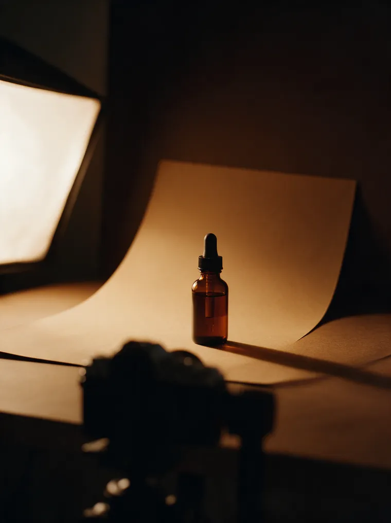 An amber bottle on a small product photography set