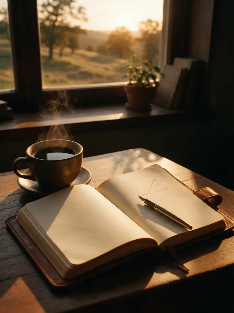 A notebook with a rising pencil curve beside morning coffee