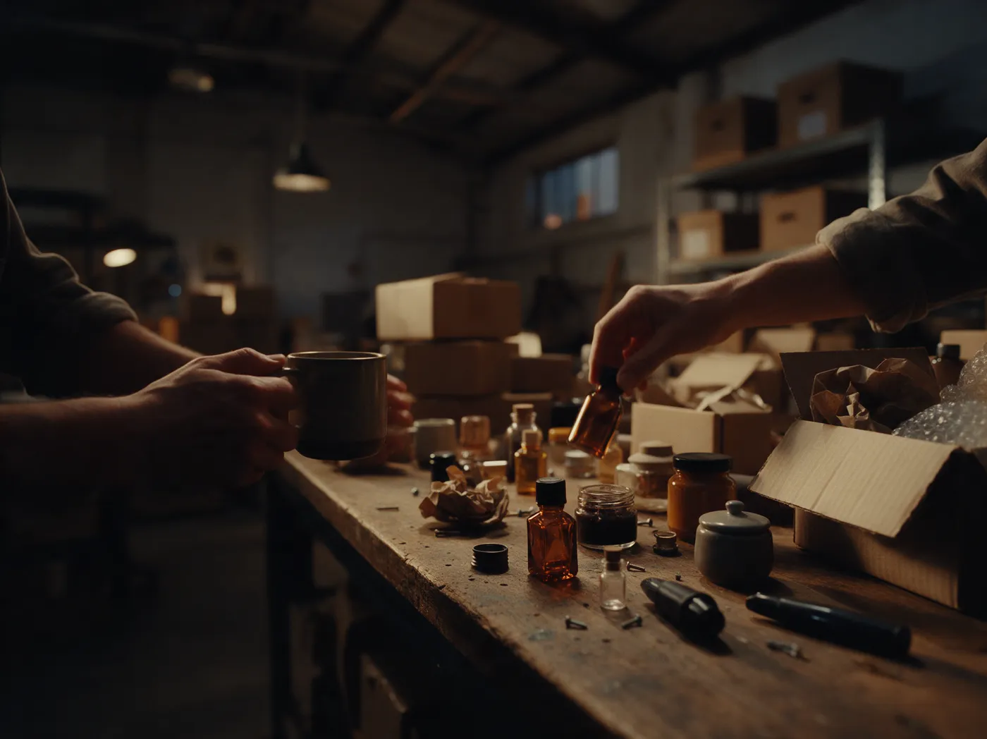 Hands inspecting product samples on a workbench in a small warehouse office